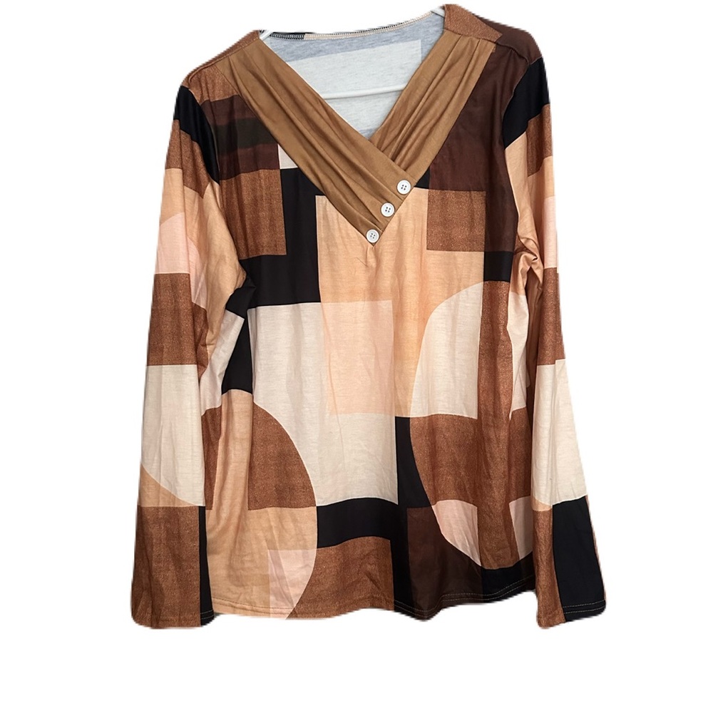 Geometric Patterned Brown and Tan Women's Top